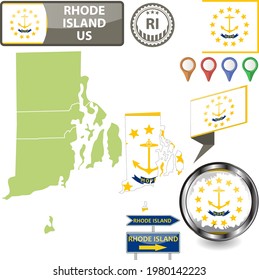 Map of Rhode Island state, US with flag and counties. Vector image