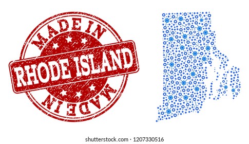 Map of Rhode Island State vector mosaic and Made In grunge stamp. Map of Rhode Island State composed with blue engine relations. Made in red seal with corroded rubber texture.