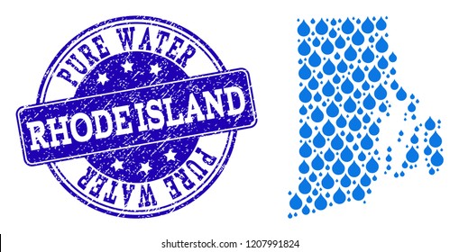 Map of Rhode Island State vector mosaic and Pure Water grunge stamp. Map of Rhode Island State composed with blue aqua tears. Seal with retro rubber texture for pure drinking water.