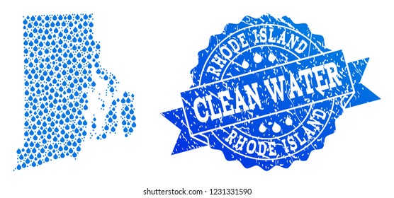 Map of Rhode Island State vector mosaic and clean water grunge stamp. Map of Rhode Island State created with blue aqua tears. Seal with scratched rubber texture for clean drinking water.