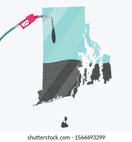 Map of Rhode Island, in USA, being fueled by oil. Gas pump fueled map. On the map there is glass reflection. American state. Conceptual. Oil producing or importing regions.