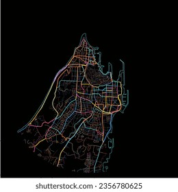 Map of Rhodes, South Aegean with all major and minor roads, railways and waterways. Colorful line art on black background.