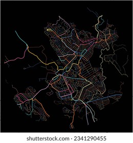 Map of RibeiraodasNeves with all major and minor roads, railways and waterways. Colorful line art on black background.