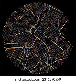 Map of RibeiraoPreto with all major and minor roads, railways and waterways. Colorful line art on black background.