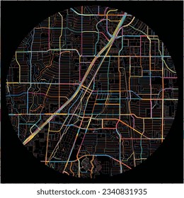 Map of Richardson, Texas with all major and minor roads, railways and waterways. Colorful line art on black background.