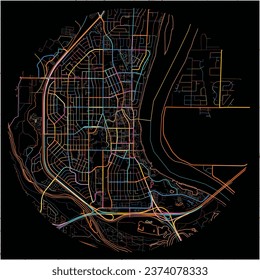 Karte von Richland, Washington mit allen wichtigen und kleineren Straßen, Eisenbahnen und Wasserstraßen. Farbige Linienkunst auf schwarzem Hintergrund.