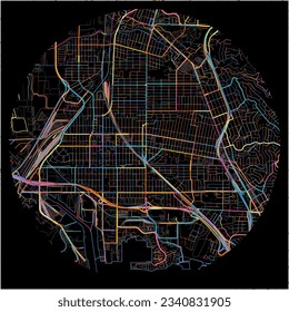 Map of Richmond, California with all major and minor roads, railways and waterways. Colorful line art on black background.