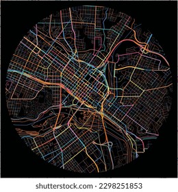 Map of Richmond, Virginia with all major and minor roads, railways and waterways. Colorful line art on black background.
