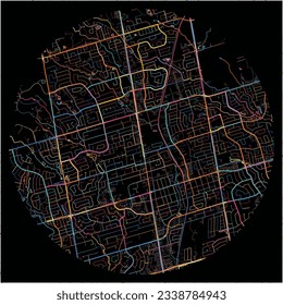 Map of RichmondHill, Ontario with all major and minor roads, railways and waterways. Colorful line art on black background.