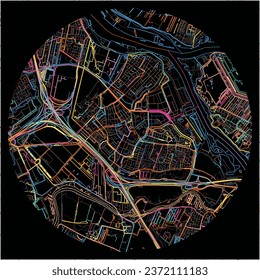 Map of Ridderkerk, South Holland with all major and minor roads, railways and waterways. Colorful line art on black background.