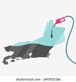 Map of Rio de Janeiro being fueled by oil. Gas pump fueled map. On the map there is glass reflection. Brazilian state. Conceptual. Oil producing or importing regions.