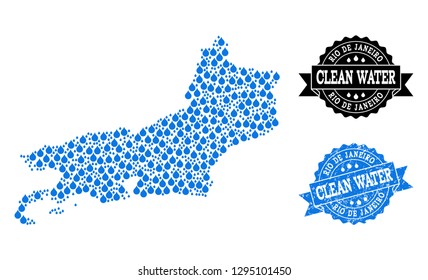 Map of Rio de Janeiro State vector mosaic and clean water grunge stamp. Map of Rio de Janeiro State composed with blue water tears. Seal with grunge rubber texture for pure drinking water.
