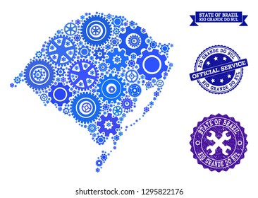 Map of Rio Grande do Sul State composed with blue engine components, and isolated rubber seals for official repair services.