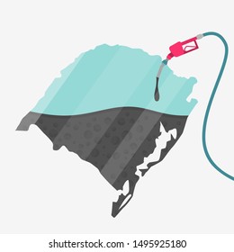 Map of Rio Grande do Sul being fueled by oil. Gas pump fueled map. On the map there is glass reflection. Brazilian state. Conceptual. Oil producing or importing regions.