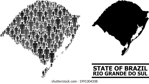 Mapa del estado de Rio Grande do Sul para proyectos demográficos. Collage demográfico vectorial. Mapa de composición del estado de Rio Grande do Sul compuesto de objetos humanos. Esquema demográfico en tintes de color gris oscuro.