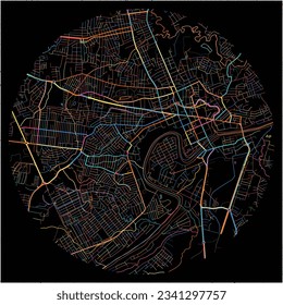 Map of RioBranco with all major and minor roads, railways and waterways. Colorful line art on black background.