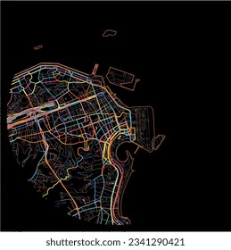 Mapa de Río de Janeiro con todas las carreteras principales y menores, ferrocarriles y vías fluviales. Coloridas líneas de arte sobre fondo negro.