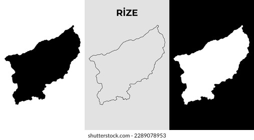 Mapa de Rize, muestra de vector de silueta en la región de Turquía, esbozo del mapa de la ciudad de Rize