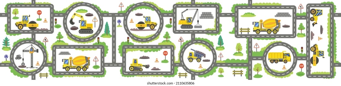 Map road city and construction trucks  Carpet for children room  Vector illustration background kids game  Wallpaper and construction cars  Seamless pattern 