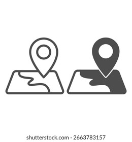 Mapa com estrada e localização pin linha e ícone sólido, alunos permitem conceito. Gráficos vetoriais. Rota e ponteiro, sinal de descoberta de caminho no fundo branco, ícone de estilo de contorno para design móvel ou web