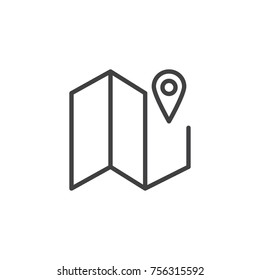 Map and road pointer line icon, outline vector sign, linear style pictogram isolated on white. City map with location pin symbol, logo illustration. Editable stroke