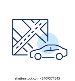 Mapa con carreteras y auto. Icono de trazo de píxeles perfecto, modificable