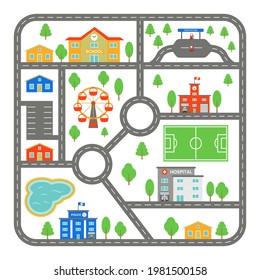 Map with roads in the city. Children road for toy cars with buildings on a white background. Urban architecture. Baby rug. Vector flat style