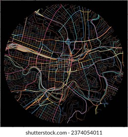 Map of Roanoke, Virginia with all major and minor roads, railways and waterways. Colorful line art on black background.