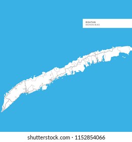 Map of Roatan Island, Honduras, contains geography outlines for land mass, water, major roads and minor roads.