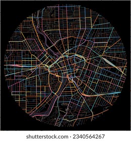 Mapa de Rochester, Nueva York con todas las carreteras principales y menores, ferrocarriles y vías fluviales. Coloridas líneas de arte sobre fondo negro.