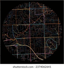 Map of RochesterHills, Michigan with all major and minor roads, railways and waterways. Colorful line art on black background.