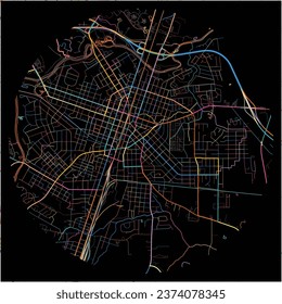 Map of RockyMount, North Carolina with all major and minor roads, railways and waterways. Colorful line art on black background.