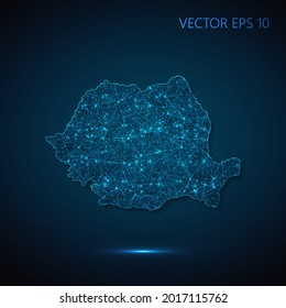 Mapa de Rumania ilustraciones abstractas de la comunicación social global, mapa poligonal con puntos de conexión y líneas. Ilustración vectorial eps 10.