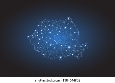 Map of Romania - Abstract mash line and point scales on circuit dark background. Wire frame 3D mesh polygonal network line, design sphere, dot and structure. Vector illustration eps 10.