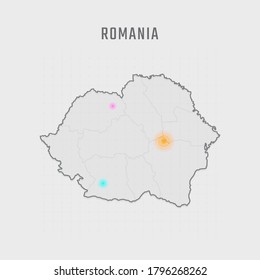 Karte Rumäniens mit allen Bundesstaaten und Radarstandort auf Karte. Jede Stadt hat ein eigenes Design. Vektorgrafik
