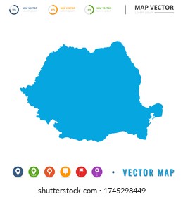 Mapa de Rumanía azul y icono de fijación de pines.