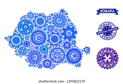 Map of Romania created with blue wheel items, and isolated rubber stamps for official repair services. Vector abstract collage of map of Romania with repair symbols in blue shades.