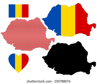 map of Romania and different types of symbols on a white background 
