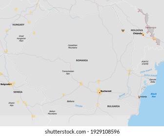 Mapa de Rumania. El mapa se dibuja con gran detalle y para mayor claridad sólo se muestran las principales ciudades. El país se dibuja con los países vecinos.