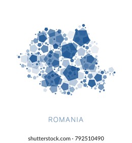 map of Romania filled with abstract mosaic of pentagons of different sizes and degrees of transparency