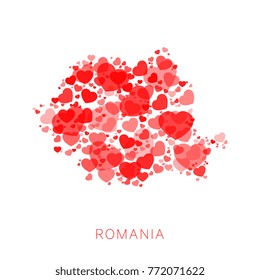 map of Romania filled with abstract red hearts mosaic of different sizes and degrees of transparency on white background