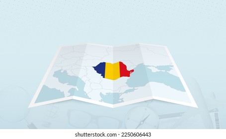 Mapa de Rumania con la bandera de Rumania en el contorno del mapa en un contexto abstracto de viaje. Ilustración de viaje.