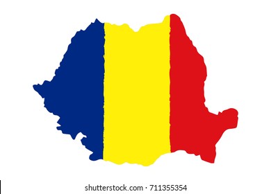 Map of Romania with Flag. Hand Painted with Brush. Vector Illustration.