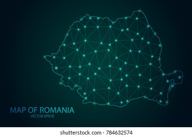 Map of Romania - With glowing point and lines scales on the dark gradient background, 3D mesh polygonal network connections.Vector illustration eps 10.