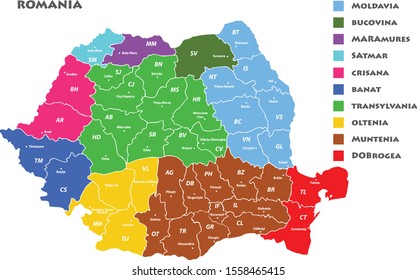 Map of Romania with the historic territories. Greater Romania map during the interwar period