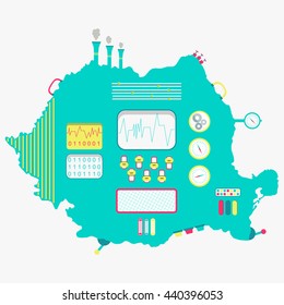 Map of Romania like a cute machine with buttons, panels and levers. Isolated. White background.