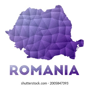 Map of Romania. Low poly illustration of the country. Purple geometric design. Polygonal vector illustration.