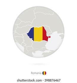 Map of Romania and national flag in a circle. Romania map contour with flag. Vector Illustration.