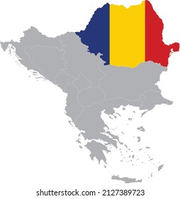 Map of Romania with national flag within the gray map of Balkan peninsula