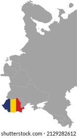 Karte Rumäniens mit nationaler Flagge auf der grauen Karte Osteuropas